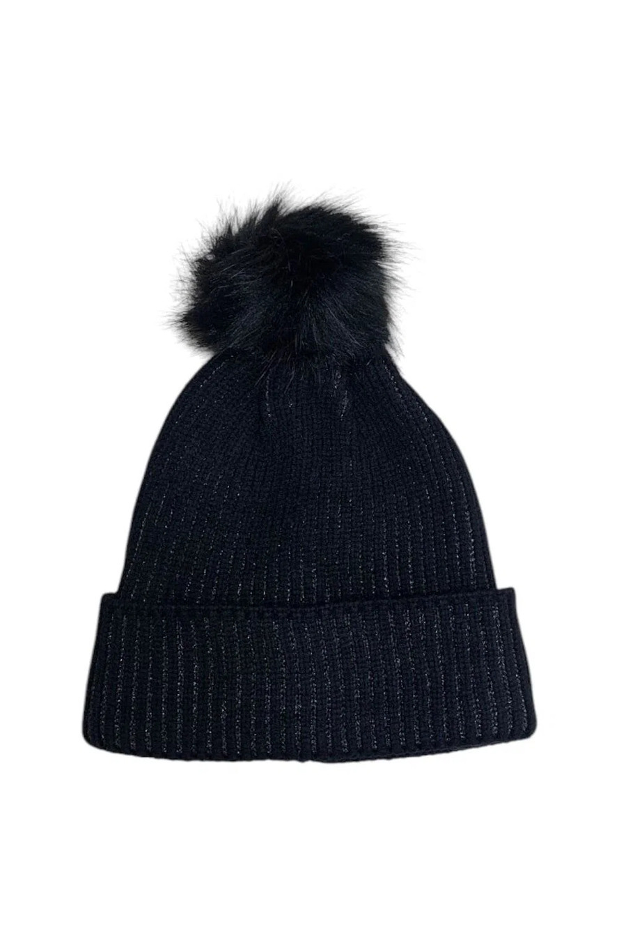 Complliments Satin Lined Lurex Beanie with Pom-Pom Blk